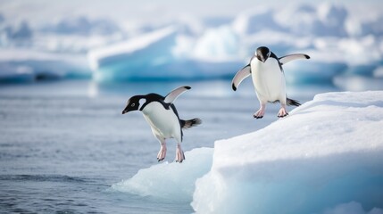 Two penguins jump into the ocean from a snow floe in Antarctica. Winter, Birds, Wildlife, Arctic animals concepts.
