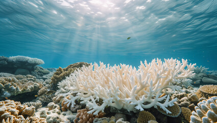 Fototapeta na wymiar The vibrant colors of coral ecosystems fade to pale white as rising ocean temperatures induce widespread bleaching events caused by climate change