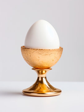 Boiled egg in golden egg stand on white background.