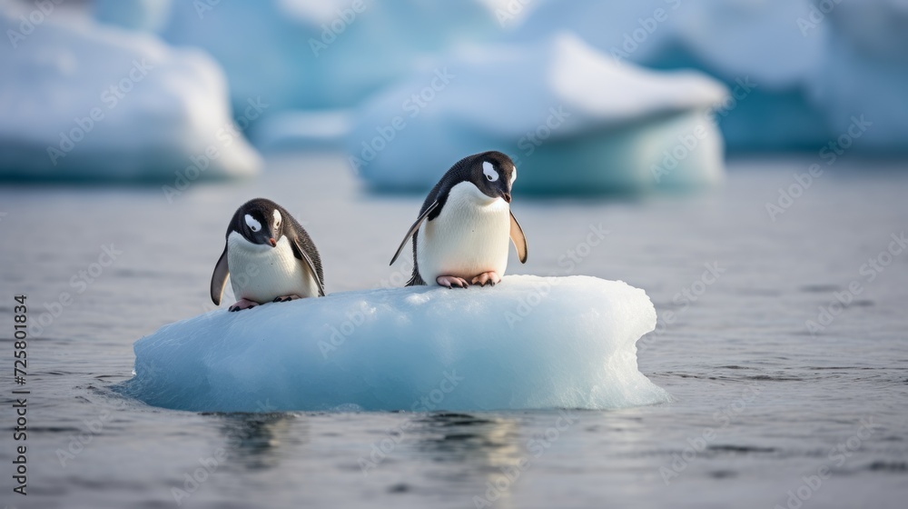 Poster a pair of penguins swim on an ice floe in the ocean in antarctica against the background of icebergs