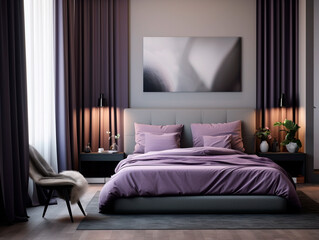 Modern bedroom interior with bed, pillows and poster