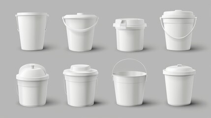 3d realistic vector icon set. Different shapes white plastic bucket with lid. Front view - obrazy, fototapety, plakaty