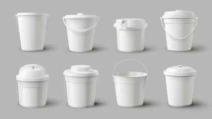 Fotobehang 3d realistic vector icon set. Different shapes white plastic bucket with lid. Front view © Orxan