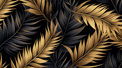 Tropical black and gold palm leaves seamless pattern.