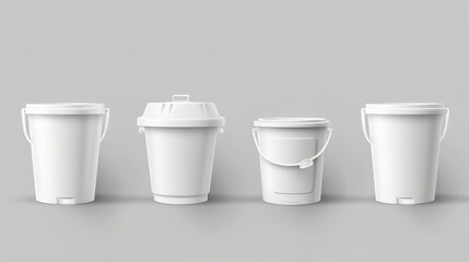 3d realistic vector icon set. Different shapes white plastic bucket with lid. Front view - obrazy, fototapety, plakaty