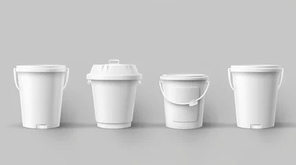 Fotobehang 3d realistic vector icon set. Different shapes white plastic bucket with lid. Front view © Orxan