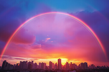 A bright rainbow over the evening city at sunset, a rare natural phenomenonn, natural
