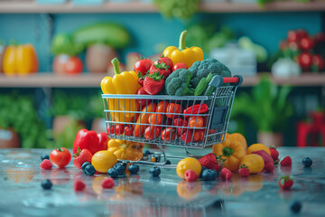 Grocery basket from the supermarket filled with vegetables and fruits, healthy eating concept