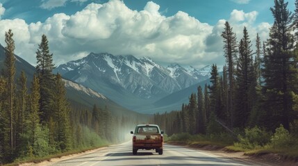 A pickup truck with a snorkel drives on a scenic road surrounded by mountains and trees - obrazy, fototapety, plakaty