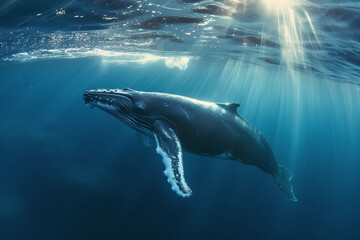 Photo of a crying, blue whale underwater, in the ocean waters at depth