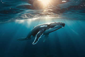 Blue whale, a huge killer whale swims in the ocean waters underwater. - obrazy, fototapety, plakaty