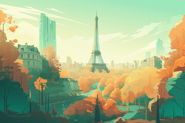 Illustration of a city view in Paris with the Eiffel Tower - obrazy, fototapety, plakaty