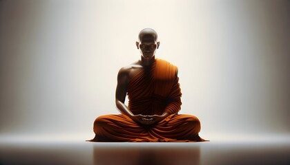 Illustration of a buddhist monk in an orange robe seated in a peaceful meditative pose.