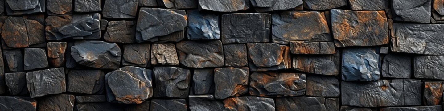 Dramatic 3D wall featuring dark schist stones, with shimmering mica inclusions, blending ruggedness with a touch of glamour