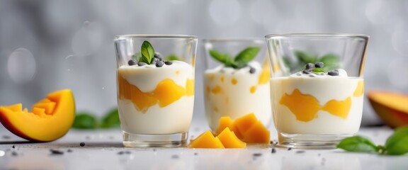 Delicious double colored mango panna cotta mousse pudding on wooden table background.