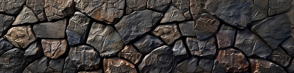 Intricate 3D wall of dark fieldstone, with a mosaic-like arrangement, combining natural beauty with architectural precision - obrazy, fototapety, plakaty