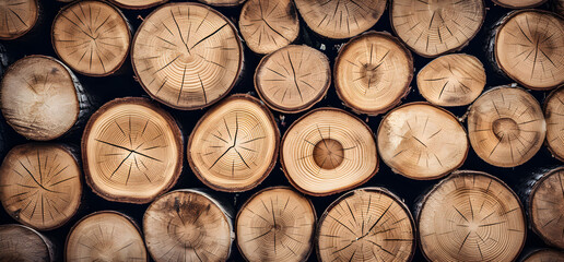 Stack of wooden stumps slices in cross section texture background