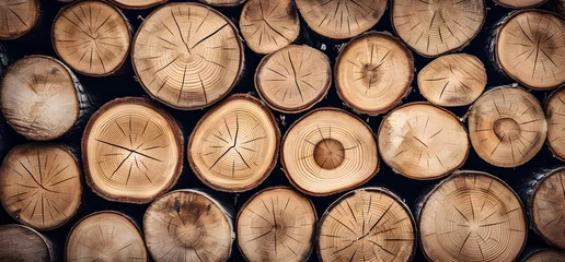 Rolgordijnen Stack of wooden stumps slices in cross section texture background © lutsenko_k_