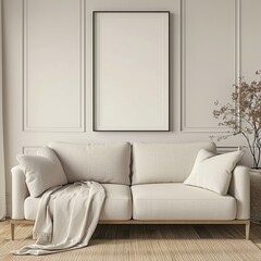  soft sofa and pillow with empty white picture frame mockup