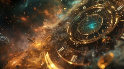 Artistic rendition of space-time with intricate cosmic mechanisms, time concept - obrazy, fototapety, plakaty