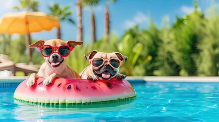two funny dogs going on vacations, licking their lips inside a watermelon inflatable ring, creating a playful and adorable scene, perfect for promoting summer pet products and travel accessories