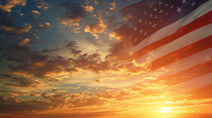 Patriotic Sunset: A captivating image of the American flag illuminated by the warm hues of a sunset, creating a patriotic and serene scene, american flag - obrazy, fototapety, plakaty
