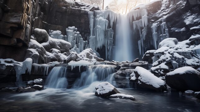 Photograph a partially frozen waterfall, with cascading icicles contrasting with the flowing water