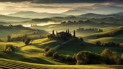 Deurstickers Picturesque landscapes of a sunlit countryside, featuring rolling hills and peaceful valleys © Abdul