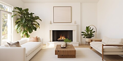 Minimalist living room with palm houseplant, TV mounted above fireplace, wooden mantle, light-colored sofa, and white beamed ceilings.