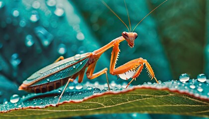 Praying mantis on a dewy leaf - obrazy, fototapety, plakaty