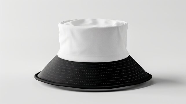 Blank black and white bucket hat mockup, no gravity, 3d rendering. Empty canvas oversized headgear mock up, isolated. Clear fabric panama or sunhat for hunting or safari template