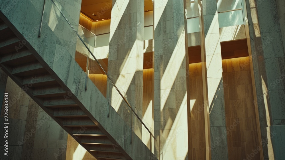 Poster A staircase in a building with numerous windows. Ideal for architectural projects or interior design concepts