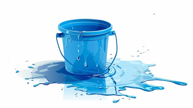 blue plastic bucket filled water from trickle leaking water spilled on the floor, liquid container with handle isolated with white background illustration vector