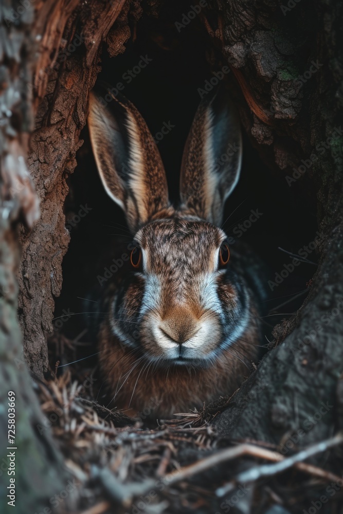 Poster a close-up view of a rabbit peering out of a hole. this image can be used to depict curiosity, wildl