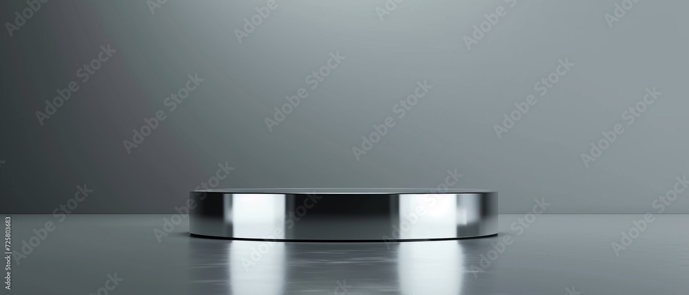 Poster a metallic silver podium with a high-gloss empty surface, perfect for highlighting the allure of a t