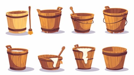 Cartoon wooden buckets. Wood bucket with flowing water or milk, empty pail stream spa sauna bathtub tub barrel jar pot for storage farm honey, isolated neat vector illustration of cartoon bucket - obrazy, fototapety, plakaty