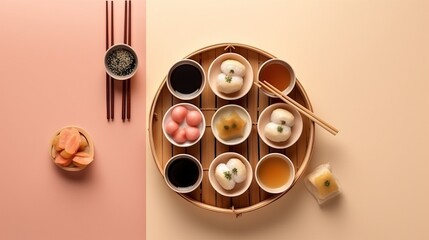 Variety of traditional Asian dim sum in an elegant bamboo steamer on a light pastel background. Concept: food culture, culinary master classes and gourmet dinners
