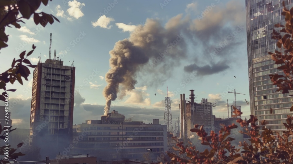 Poster smoke billowing out of a building in the city. this image can be used to depict a fire or emergency 