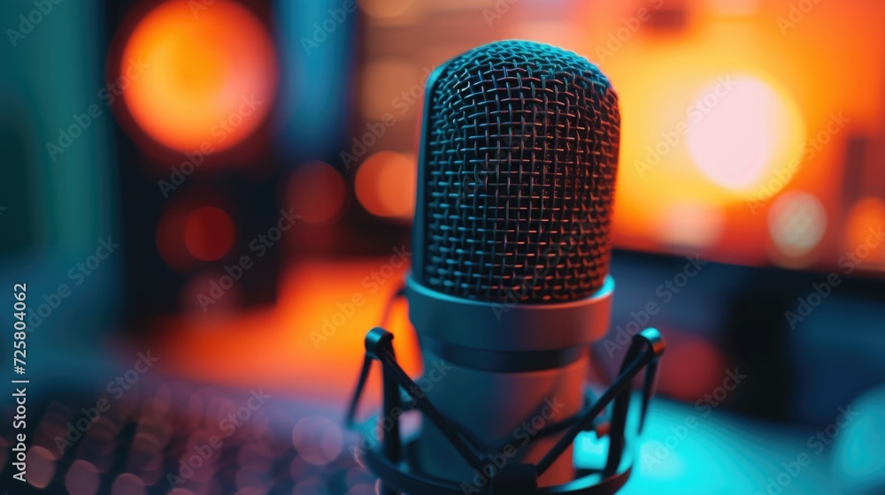 Poster A microphone sits on top of a desk next to a keyboard. Suitable for music production or podcasting