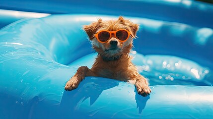 puppy dog in summer, inside a blue inflatable, wearing stylish sunglasses, creating a playful and adorable scene, perfect for promoting pet accessories and summer pet fashion