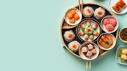 Variety of traditional Asian dim sum in an elegant bamboo steamer on a light pastel background. Concept: food culture, culinary master classes and gourmet dinners
 - obrazy, fototapety, plakaty