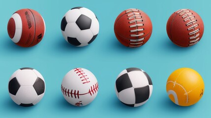 Collection of 3d sport and ball icon collection isolated on blue, Sport and recreation for healthy life style concept