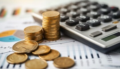Coins, calculator and pen on table showcasing business finance economy concept.,