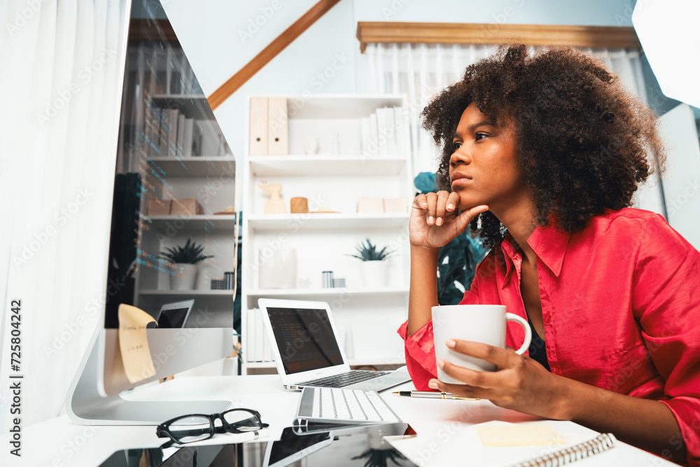 Poster young working african woman creating coding website developer, thinking data information designer at