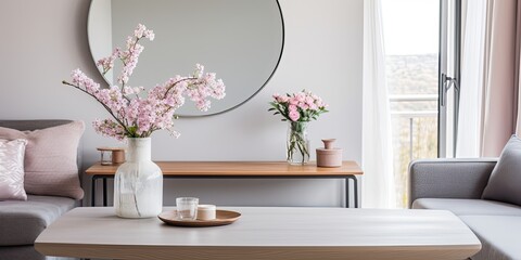 Scandi living room with flowers on grey table, captured in a real photo of a mirror on patterned wallpaper.
