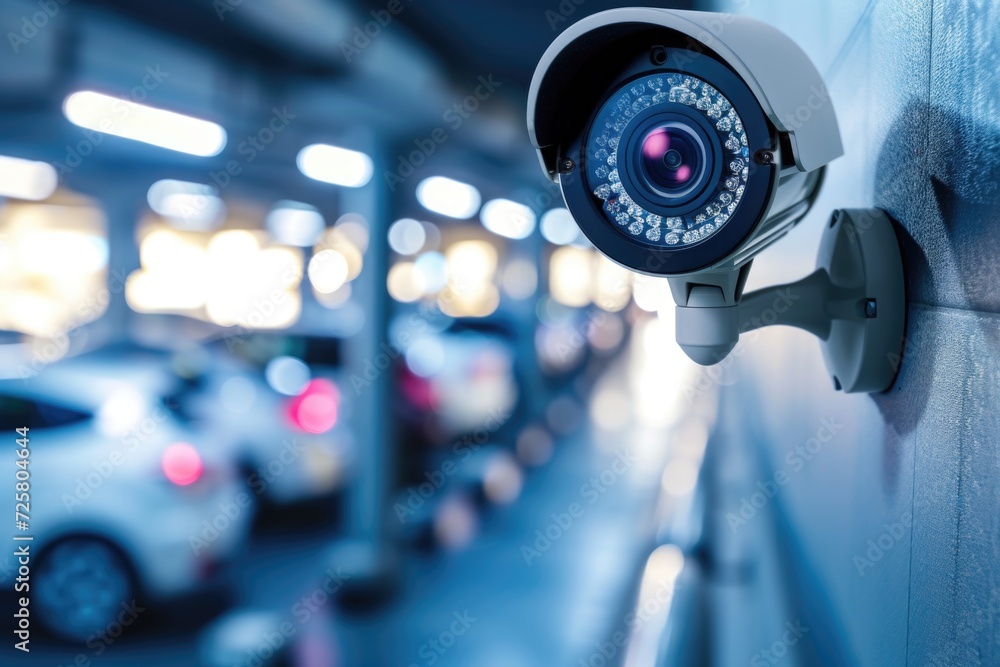 Poster A security camera mounted on the side of a building. Suitable for surveillance and security-related themes