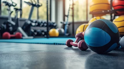 Crédence de cuisine en verre imprimé Fitness Different sports equipment and fitness ball in gym