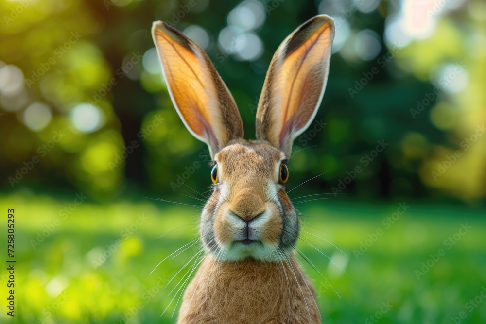 Poster A close-up view of a rabbit in the grass. Suitable for nature and animal-related projects