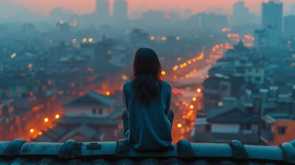 A girl sits with her back on the roof of a house.