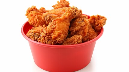 Fried Chicken hot crispy strips crunchy pieces of tenders in a Bucket - large Red box isolated in white background